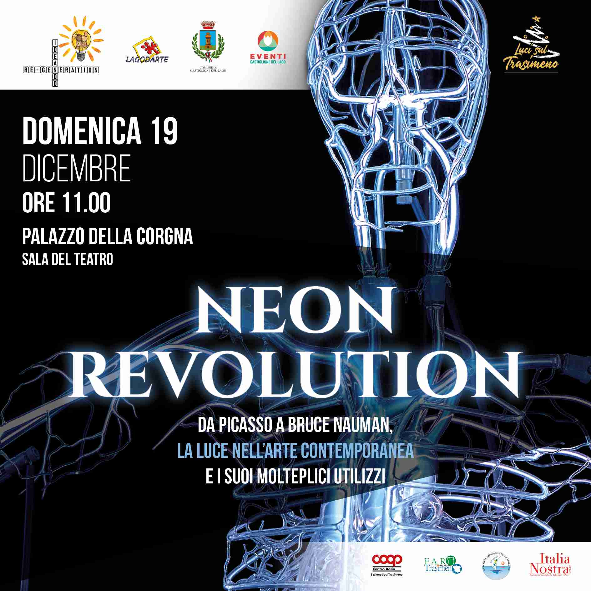 Luci sul Trasimeno Neon Revolution Ideando 19 dicembre cartolina
