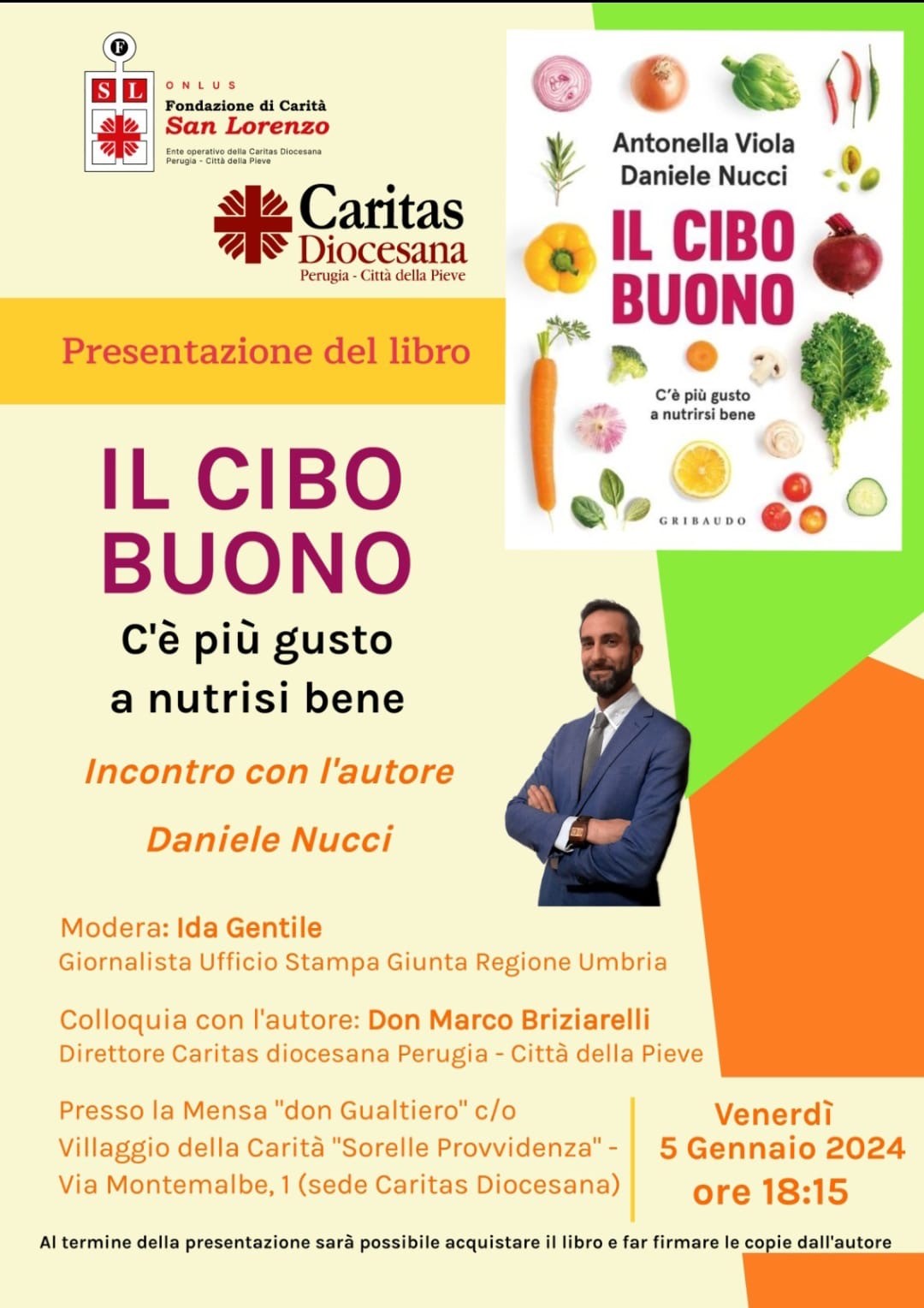 Locandina presentazione libro Il cibo buono alla mensa Caritas Don Gualtiero