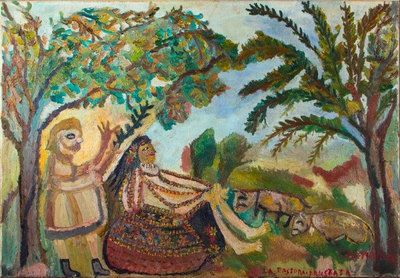 Bonaria Manca La pastora frustata olio su tela 70x100 cm 1991